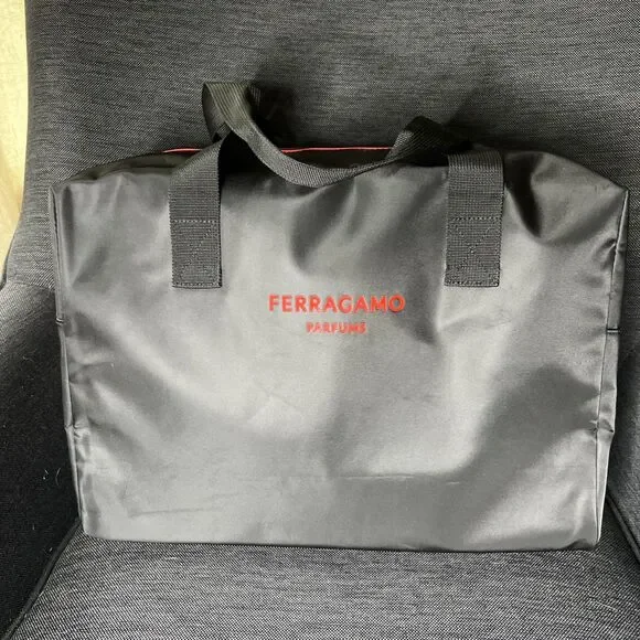 Ferragamo Parfums 16" Nylon Tote Duffle Bag Black Red Zip Top - Picture 1 of 9